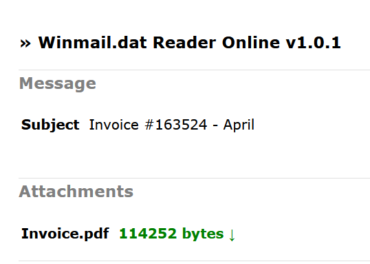 Example of TNEF file opened by the Winmail.dat Reader
